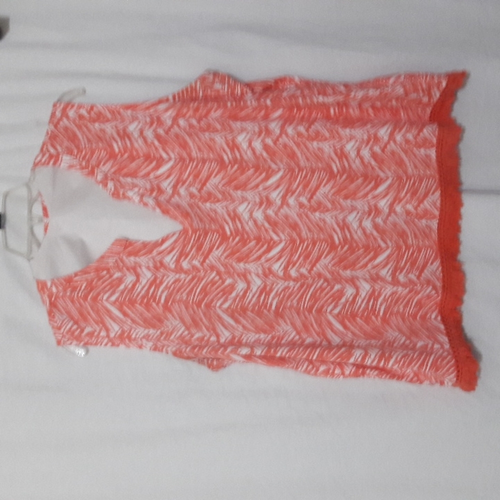 CARIBBEAN JOE Top Size XL Orange White Fringe Hemline Sleeveless Tunic